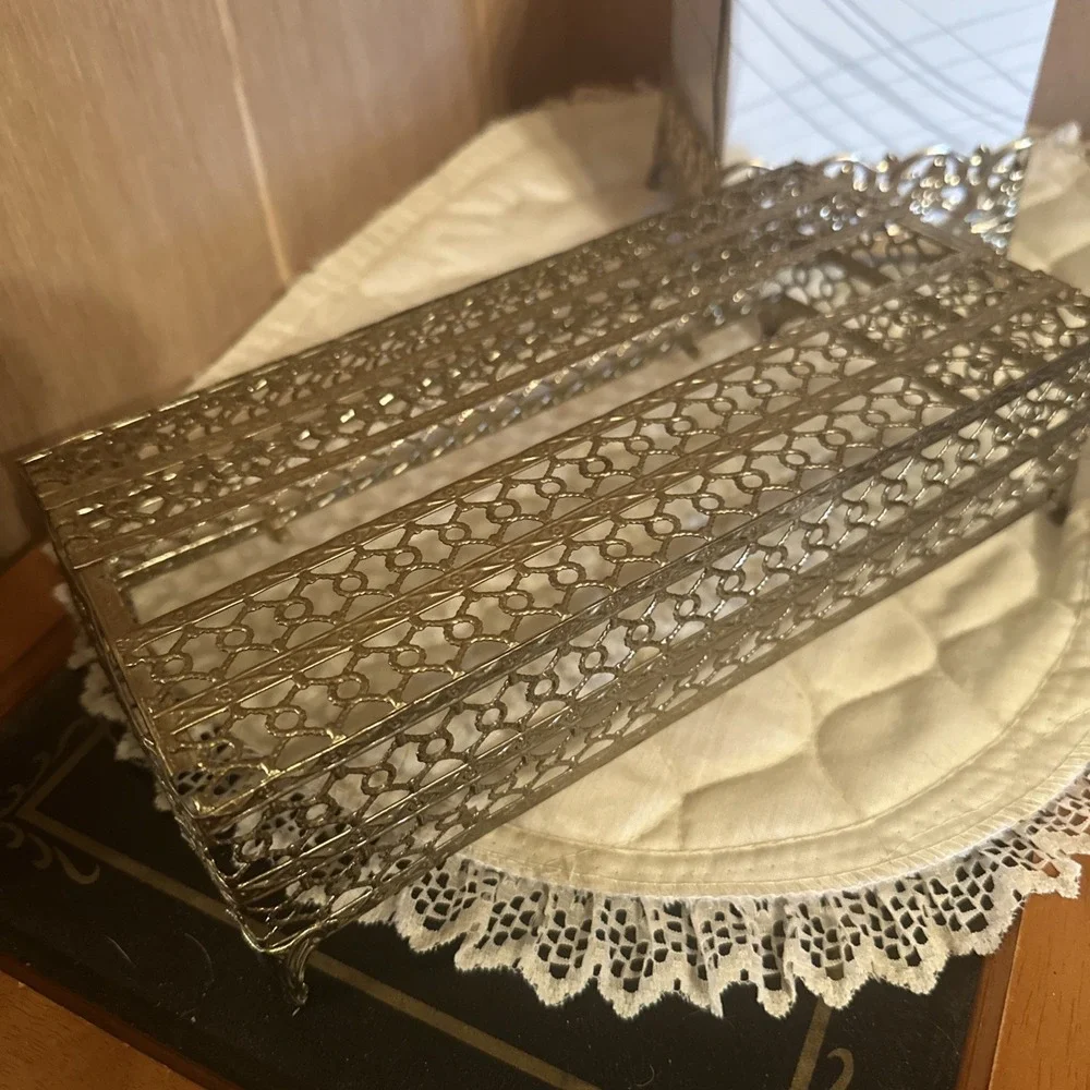 2pc Vintage Gold Filigree Tissue Box Cover And Holder Hollywood Regency Bath MCM